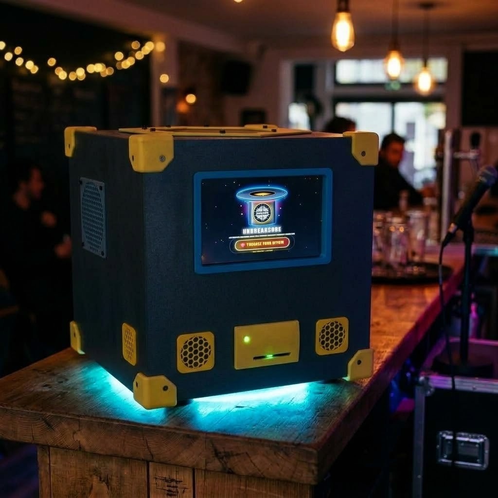 Borne VoxCube au comptoir éclairée par son bandeau LED cyan avec voyant d'imprimante actif
