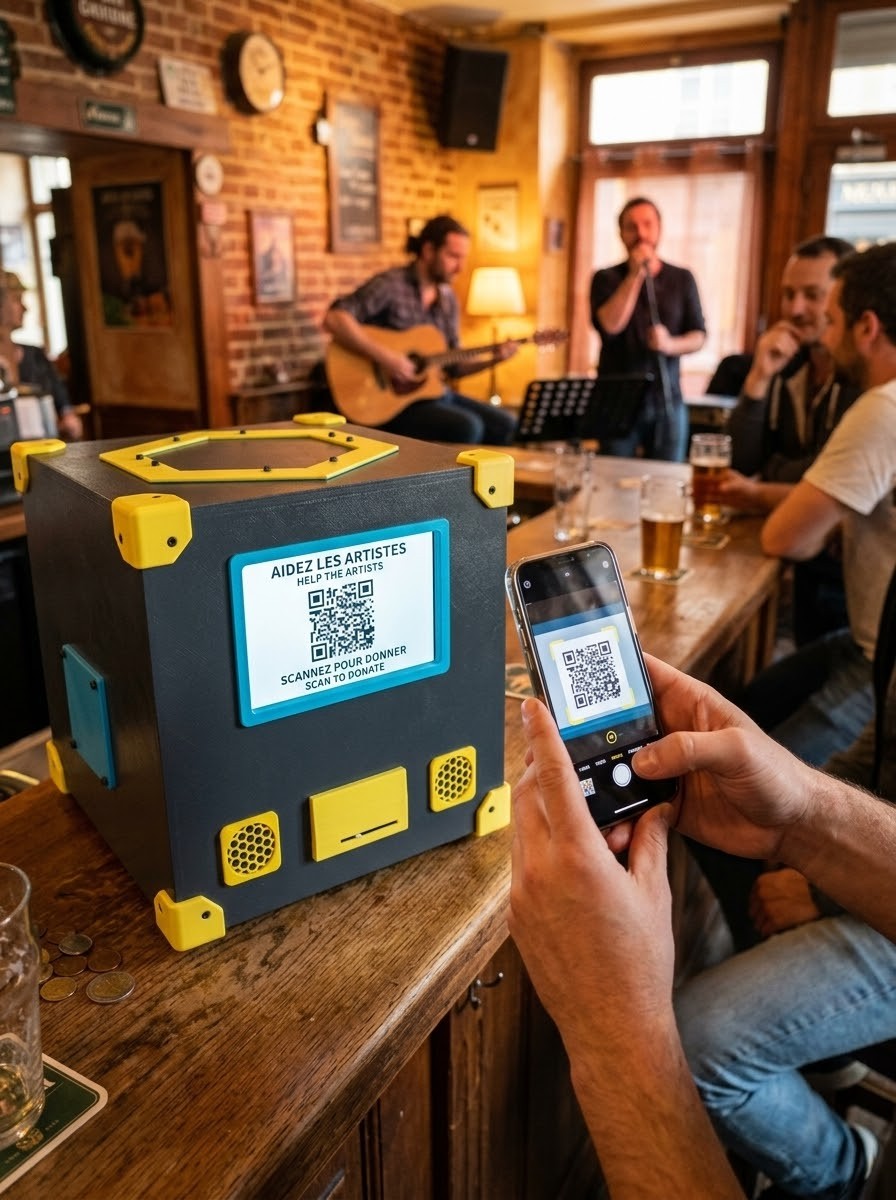 Spectateur scannant la borne VoxCube au comptoir d'un bar avec son smartphone pendant un concert live