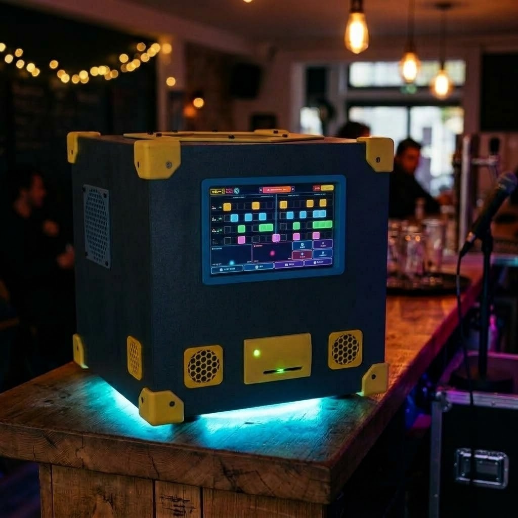 VoxCube en mode boîte à rythmes au comptoir avec rétro-éclairage LED cyan et séquenceur 16 pas tactile