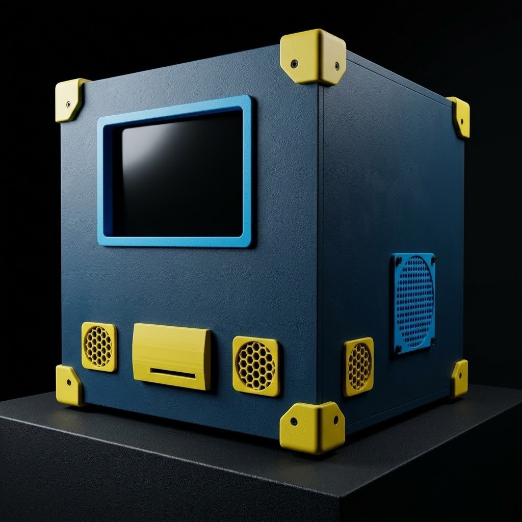 Rendu studio du caisson monolithique VoxCube sur piédestal avec cornières industrielles et fente d'éjection ticket