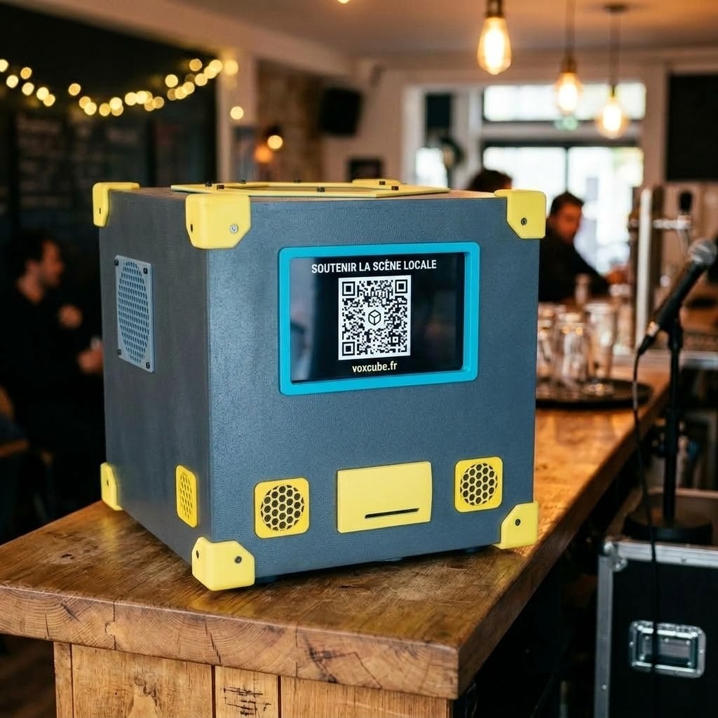 Borne tactile VoxCube au comptoir d'un bar : écran Chapeau Numérique, coins renforcés et fente d'éjection ticket