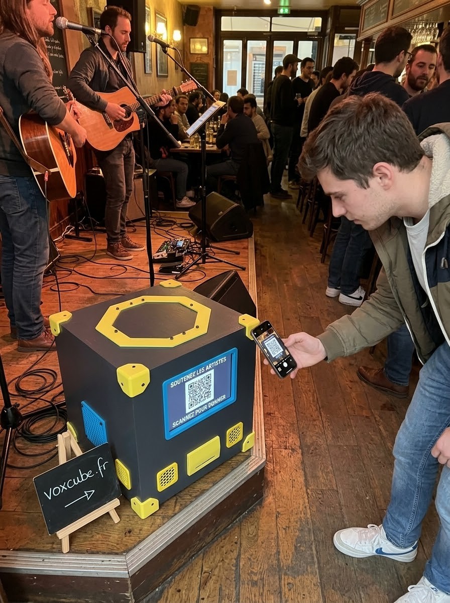 Concert acoustique en live avec borne VoxCube sur scène et spectateur scannant le QR code