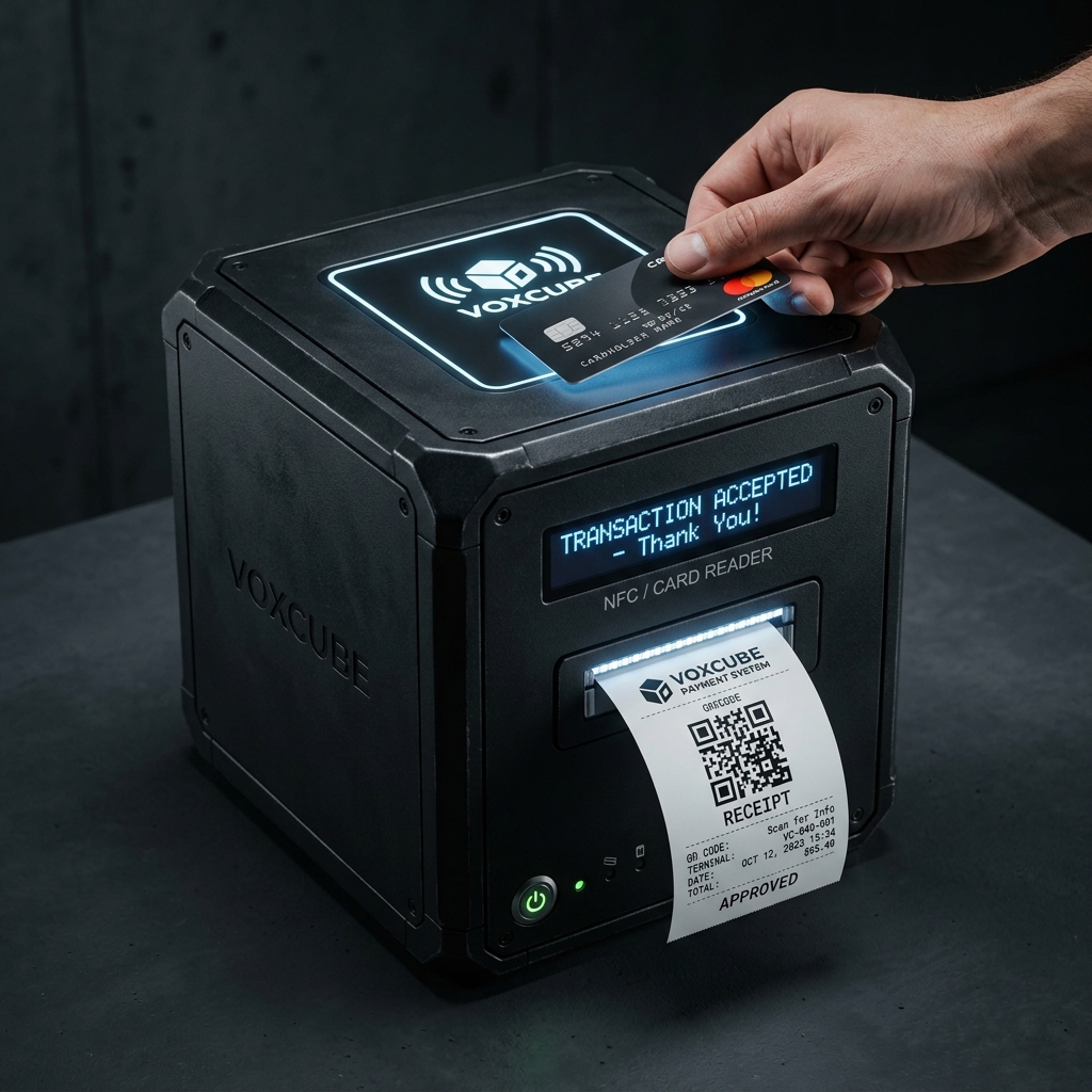 VoxCube Oracle - Unité 40cm en action : paiement NFC et impression de ticket