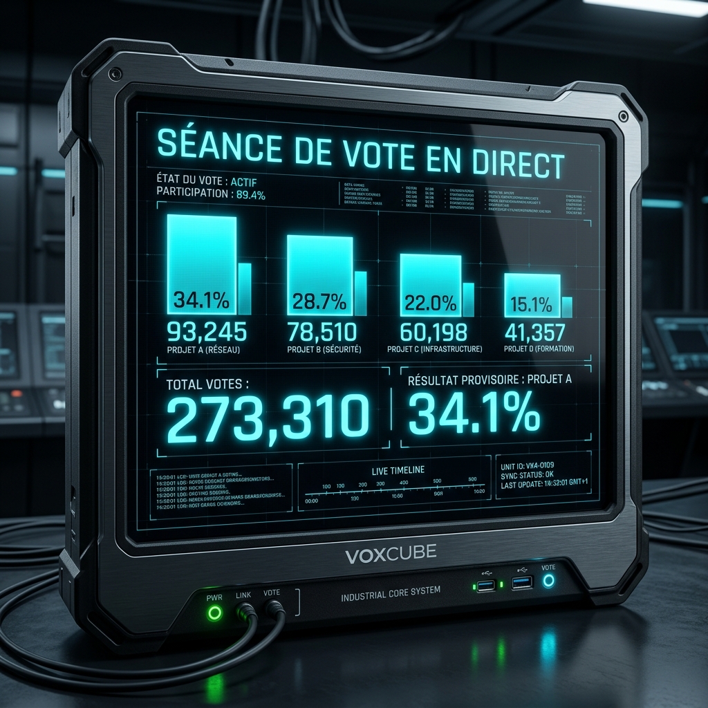 VoxCube Vote - Interface GUI de résultats en direct avec graphiques néon cyan